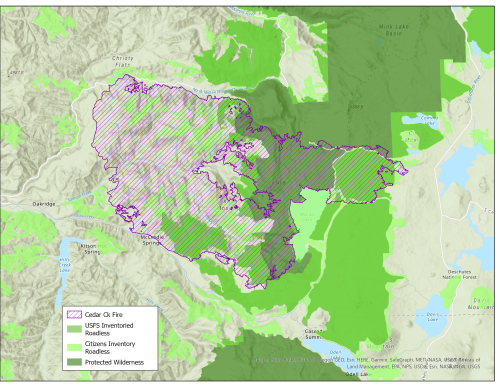 "Map of Cedar Creek Fire and unroaded or Wilderness lands"