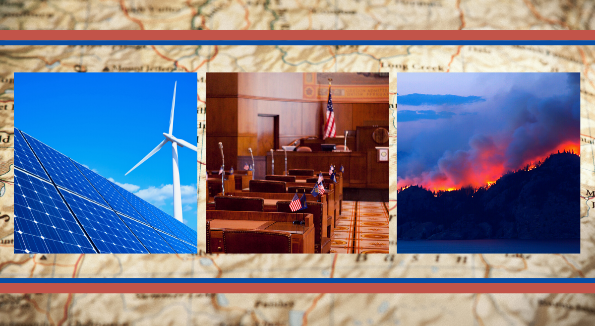 A collage of the inside of the Oregon capitol with images of a wildfire and renewable energy on each side